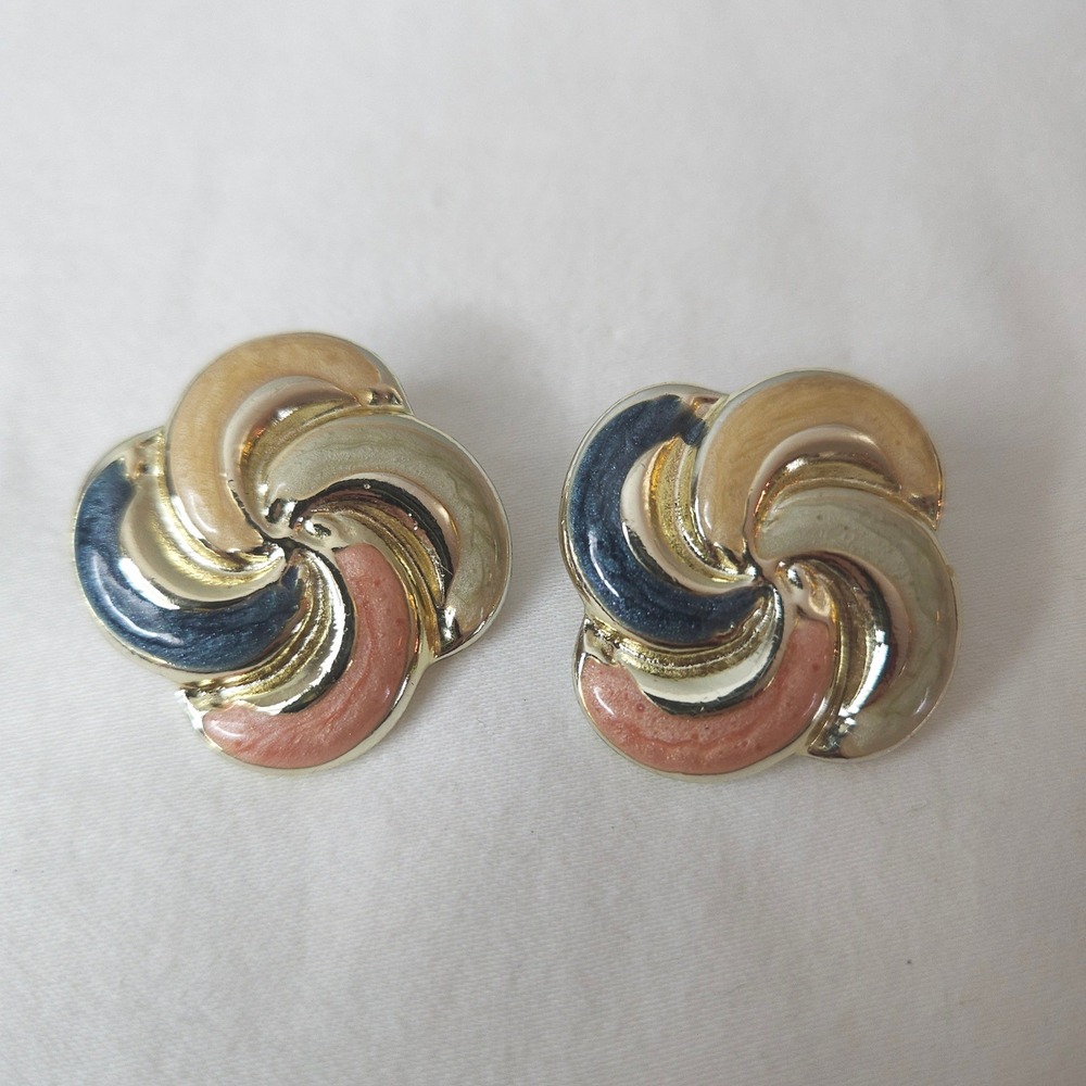 Vintage Style Multi Color Enamel Swirl Stud Earrings Gold‎ Tone Navy Peach Beige